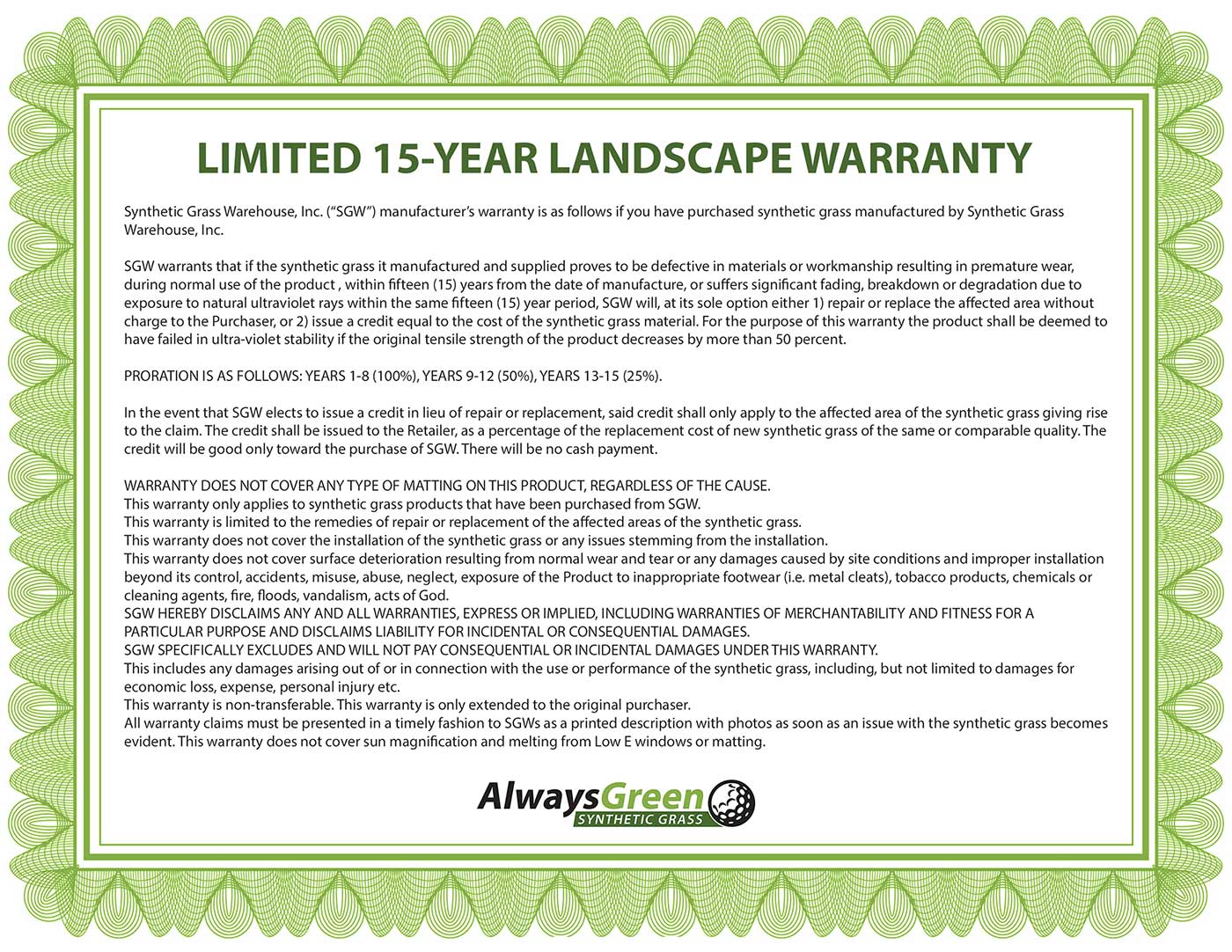 Artificial Grass Warranty